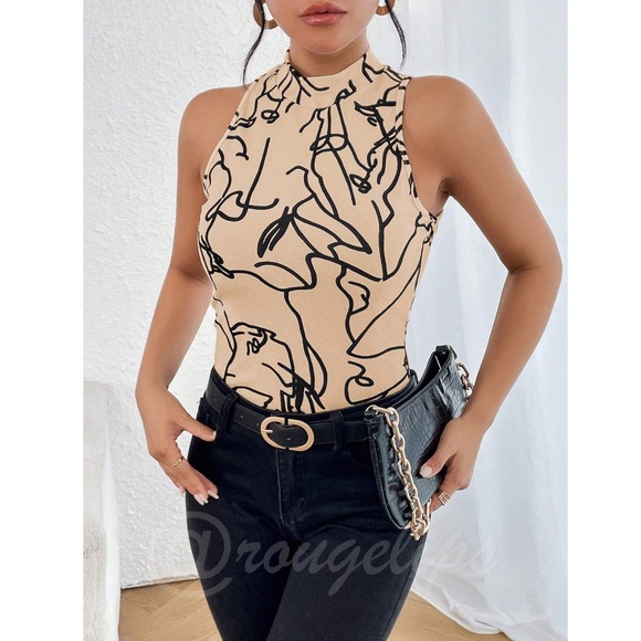 Abstract Face Print Tan Sleeveless Top Slim Fit High Neck - Picture 4 of 9